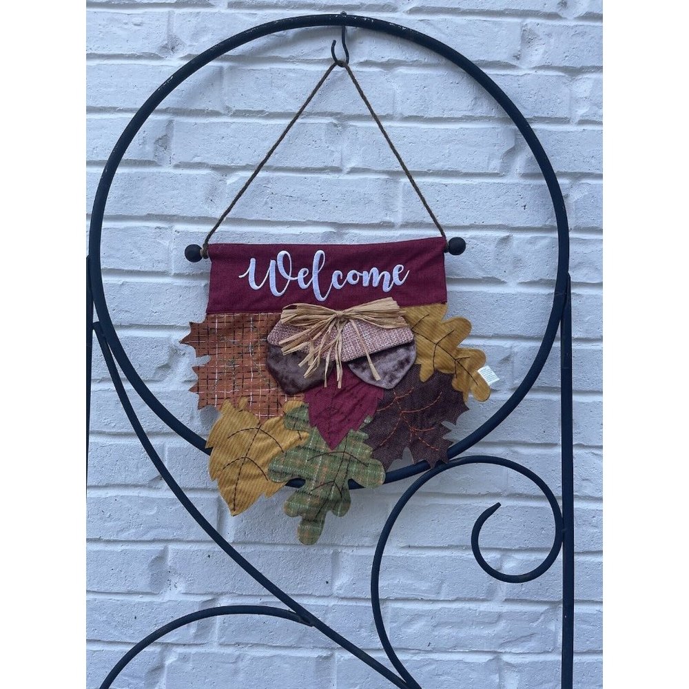 Fall Autumn Welcome‎ Sign Fabric Acorn Leaves 16”x16” With Rope Hanger (9” Drop)